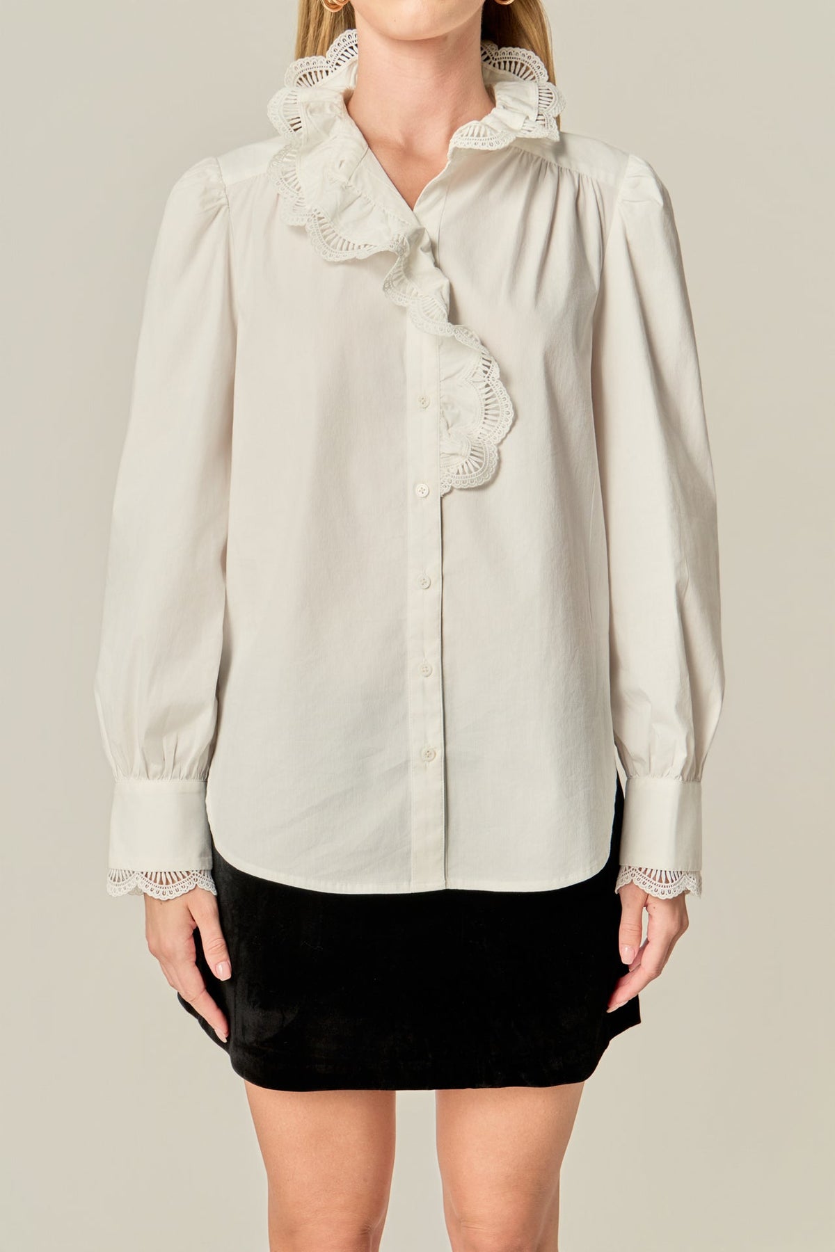 ENGLISH FACTORY - Scalloped Lace Detail Shirt Blouse - TOPS available at Objectrare