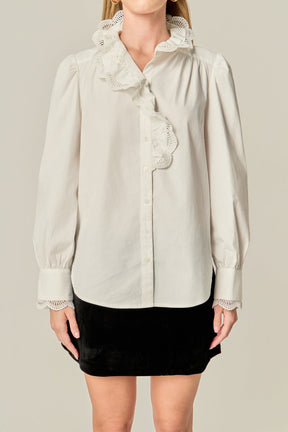 ENGLISH FACTORY - Scalloped Lace Detail Shirt Blouse - TOPS available at Objectrare