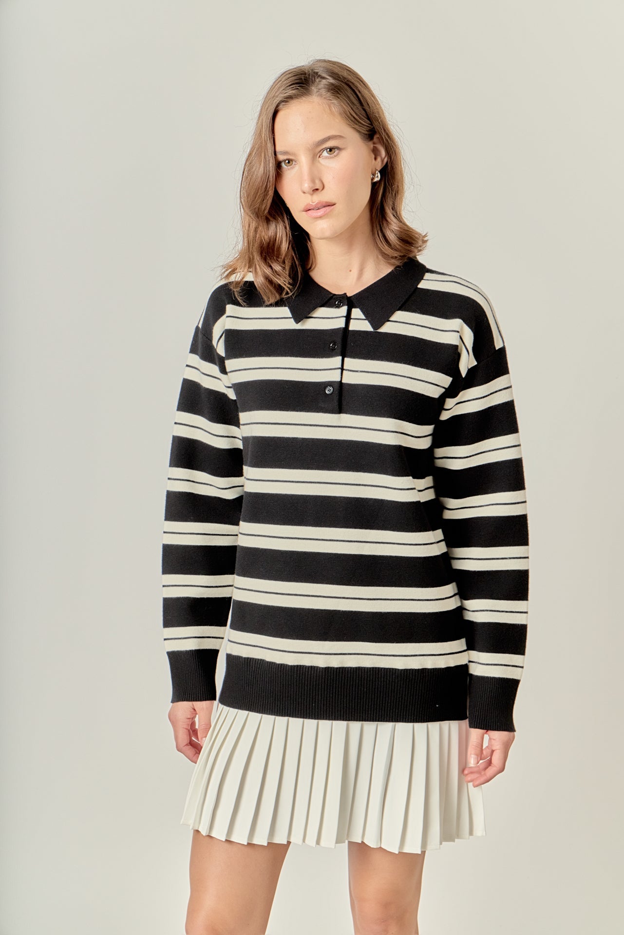 ENGLISH FACTORY - Stripe Polo Mixed Media Mini Dress - DRESSES available at Objectrare