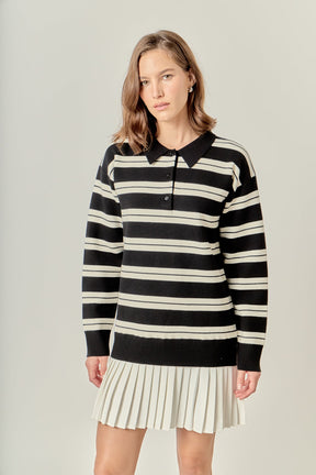 ENGLISH FACTORY - Stripe Polo Mixed Media Mini Dress - DRESSES available at Objectrare