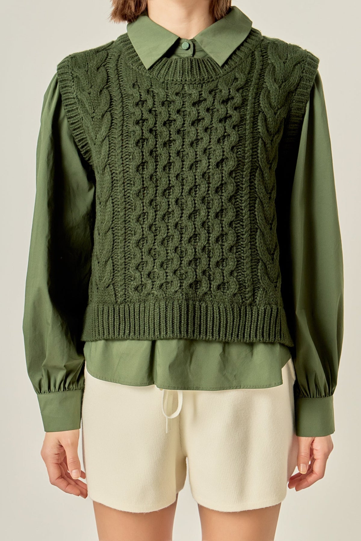 ENGLISH FACTORY - Mixed Media Cable Knit Shirt Top - TOPS available at Objectrare