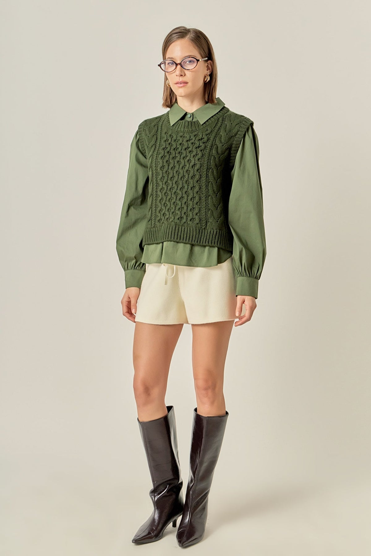 Mixed Media Cable Knit Shirt Top