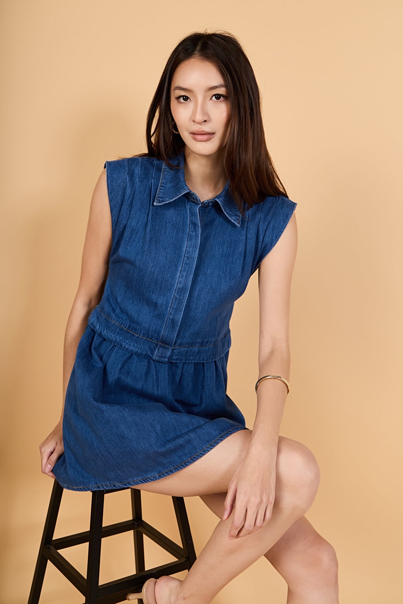 Denim Babydoll Mini Shirtdress In Blue