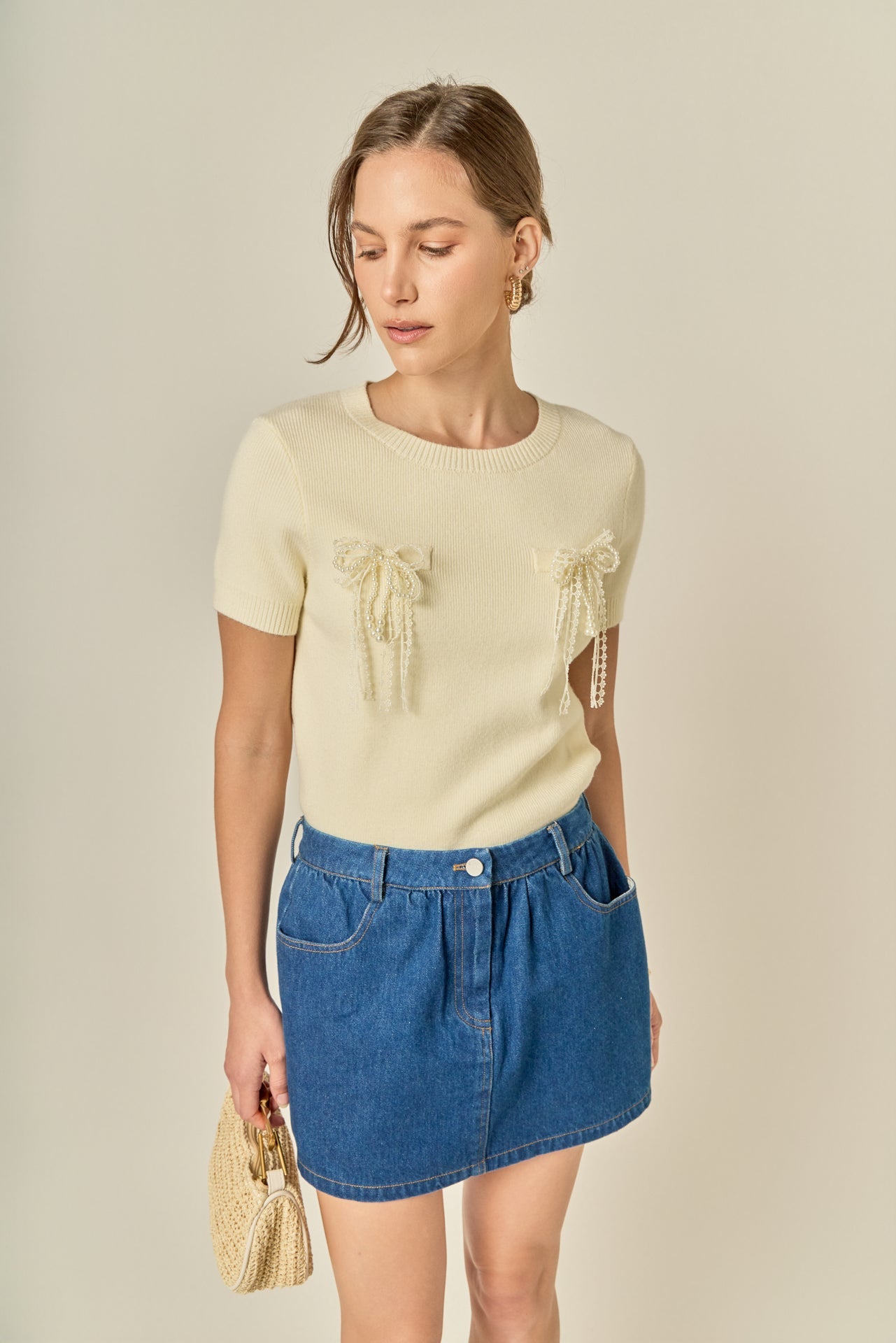 ENGLISH FACTORY - Short Sleeve Knit Top with Bow Detail - TOPS available at Objectrare