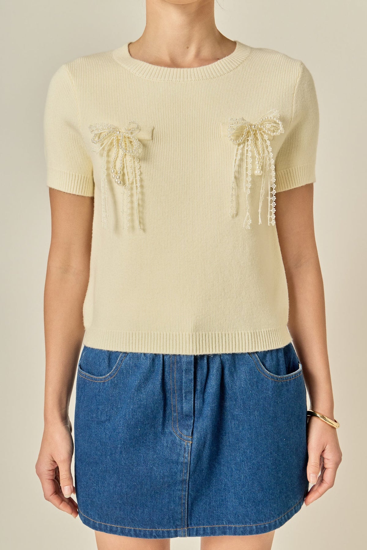 ENGLISH FACTORY - Short Sleeve Knit Top with Bow Detail - TOPS available at Objectrare