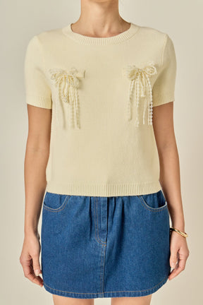ENGLISH FACTORY - Short Sleeve Knit Top with Bow Detail - TOPS available at Objectrare