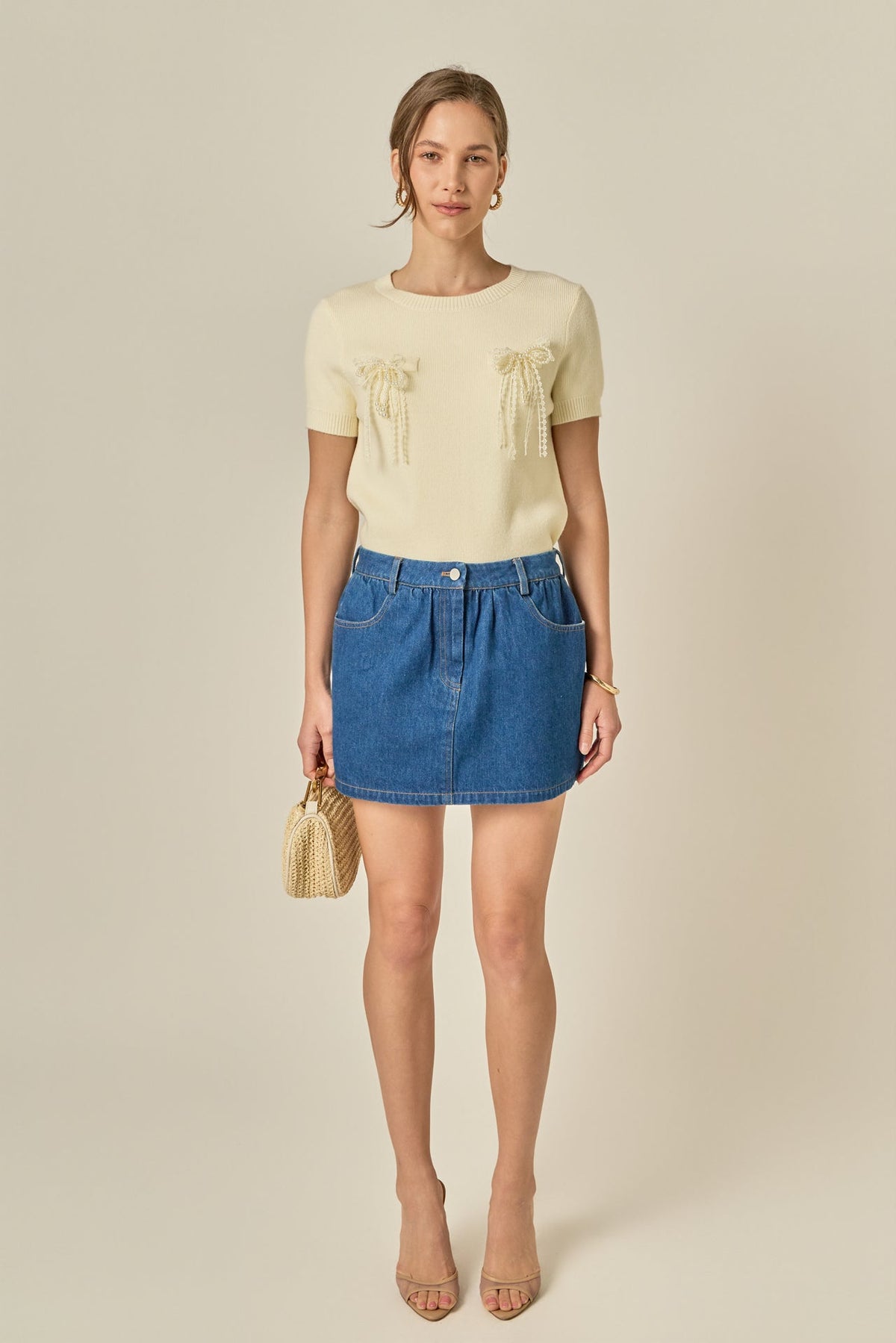 ENGLISH FACTORY - Short Sleeve Knit Top with Bow Detail - TOPS available at Objectrare