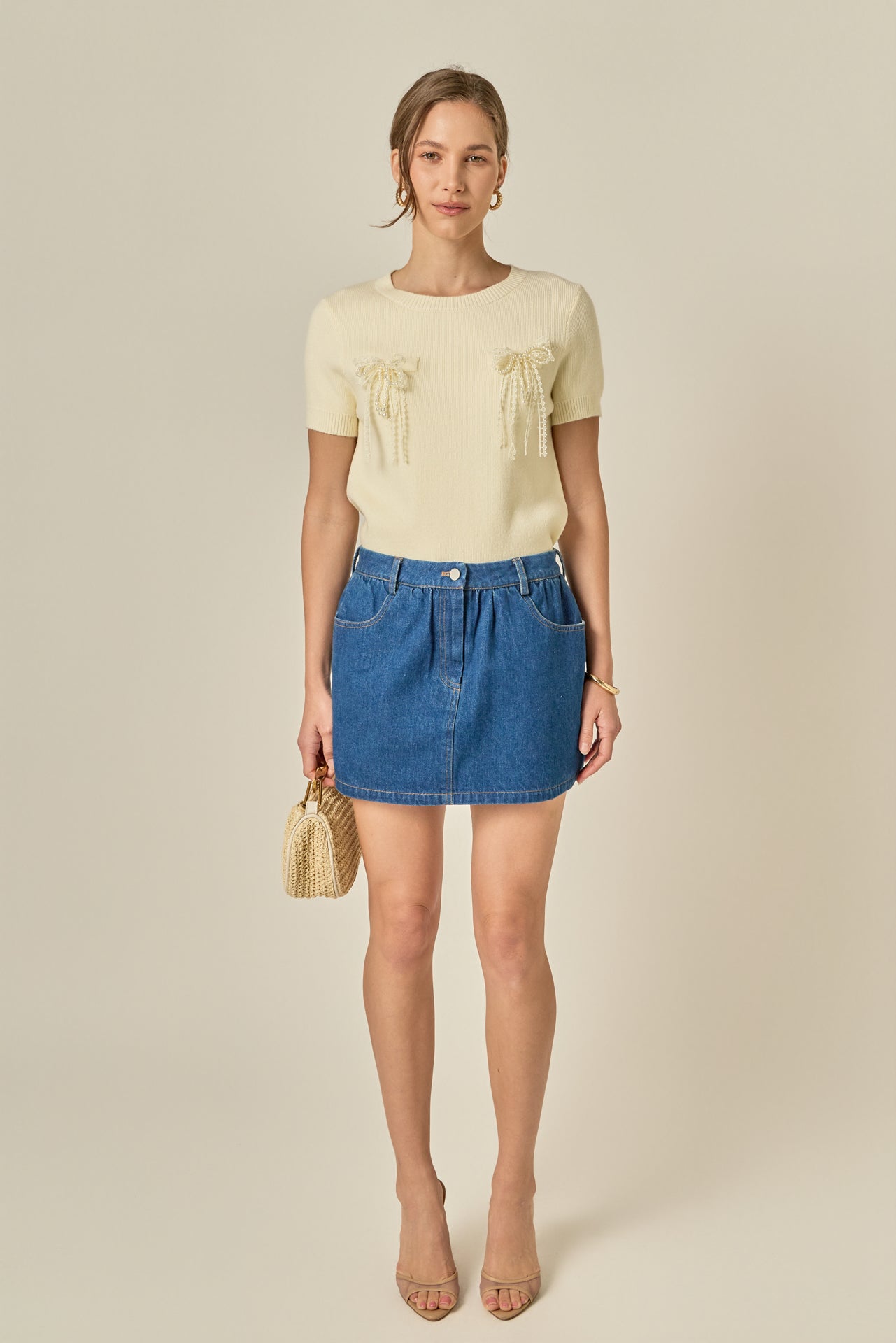 ENGLISH FACTORY - Short Sleeve Knit Top with Bow Detail - TOPS available at Objectrare