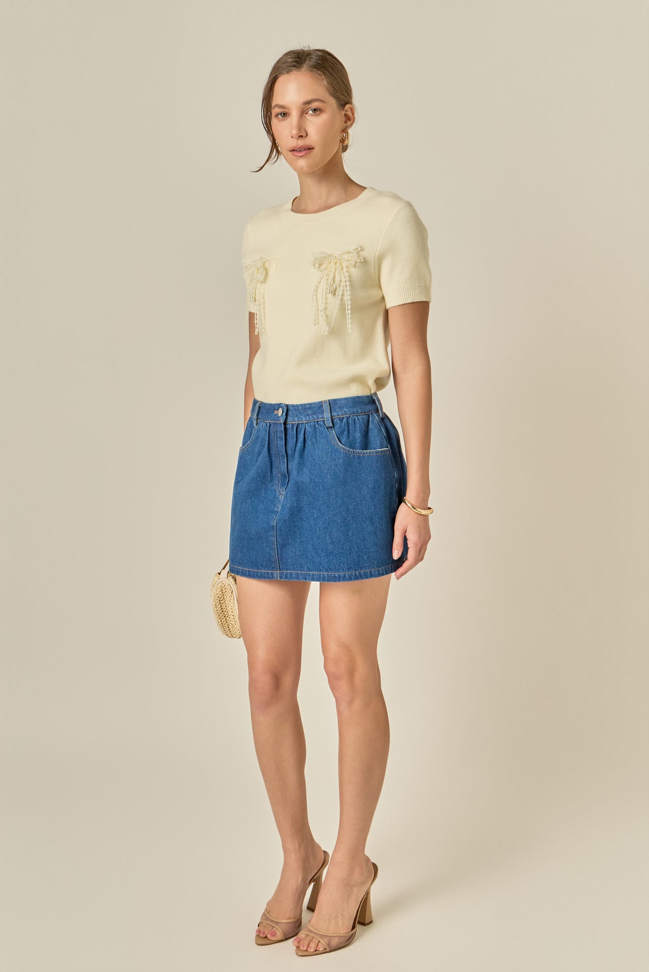 ENGLISH FACTORY - Short Sleeve Knit Top with Bow Detail - TOPS available at Objectrare