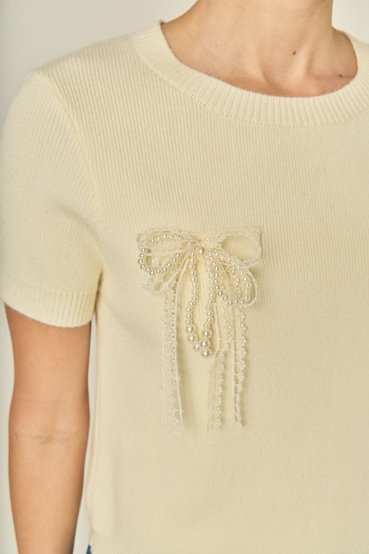 ENGLISH FACTORY - Short Sleeve Knit Top with Bow Detail - TOPS available at Objectrare