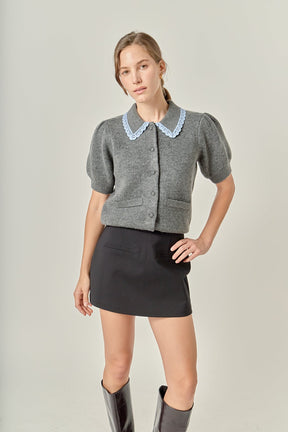 ENGLISH FACTORY - Lace Trimmed Puff Sleeve Knit Cardigan - TOPS available at Objectrare
