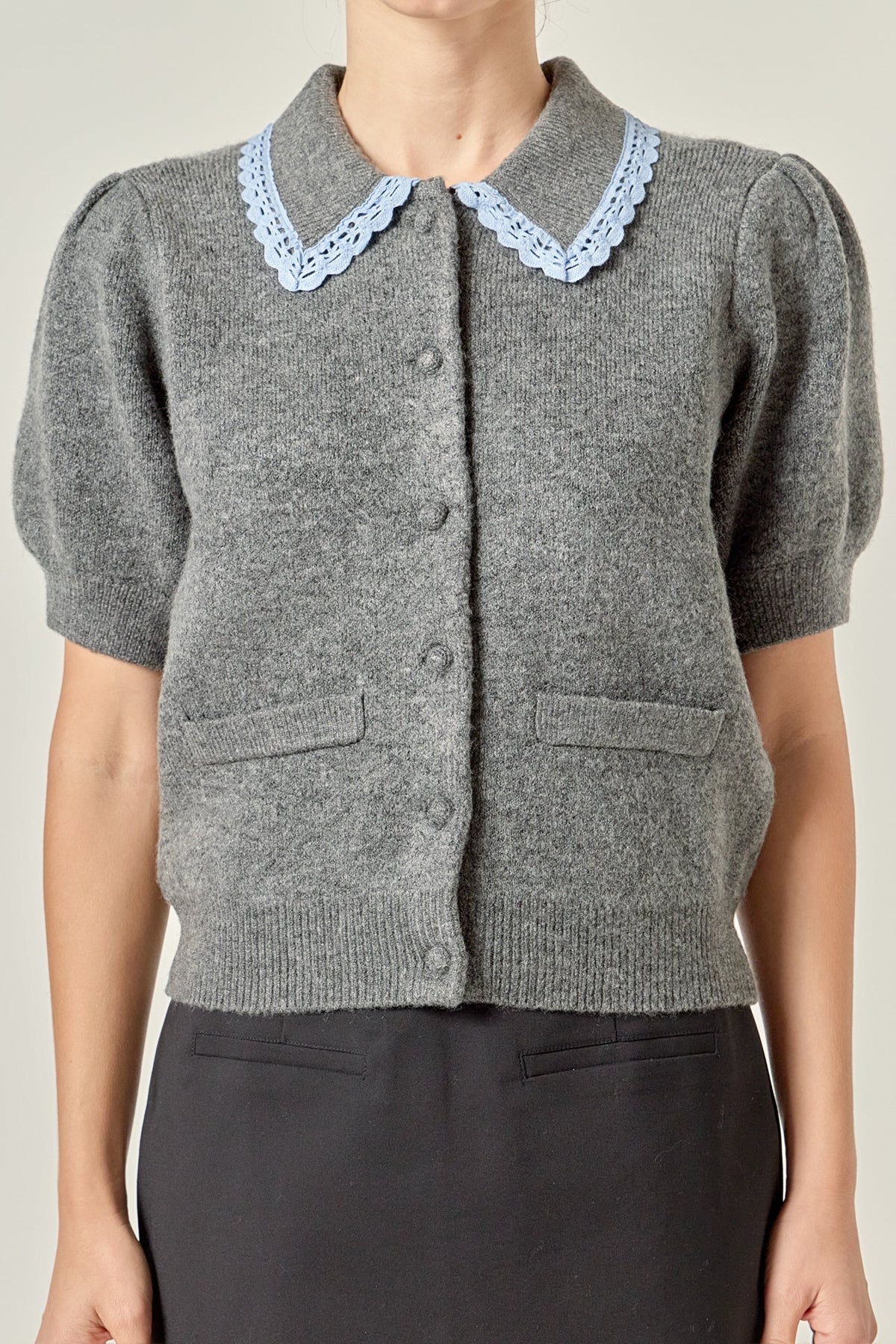 ENGLISH FACTORY - Lace Trimmed Puff Sleeve Knit Cardigan - TOPS available at Objectrare