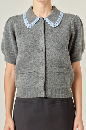 ENGLISH FACTORY - Lace Trimmed Puff Sleeve Knit Cardigan - TOPS available at Objectrare