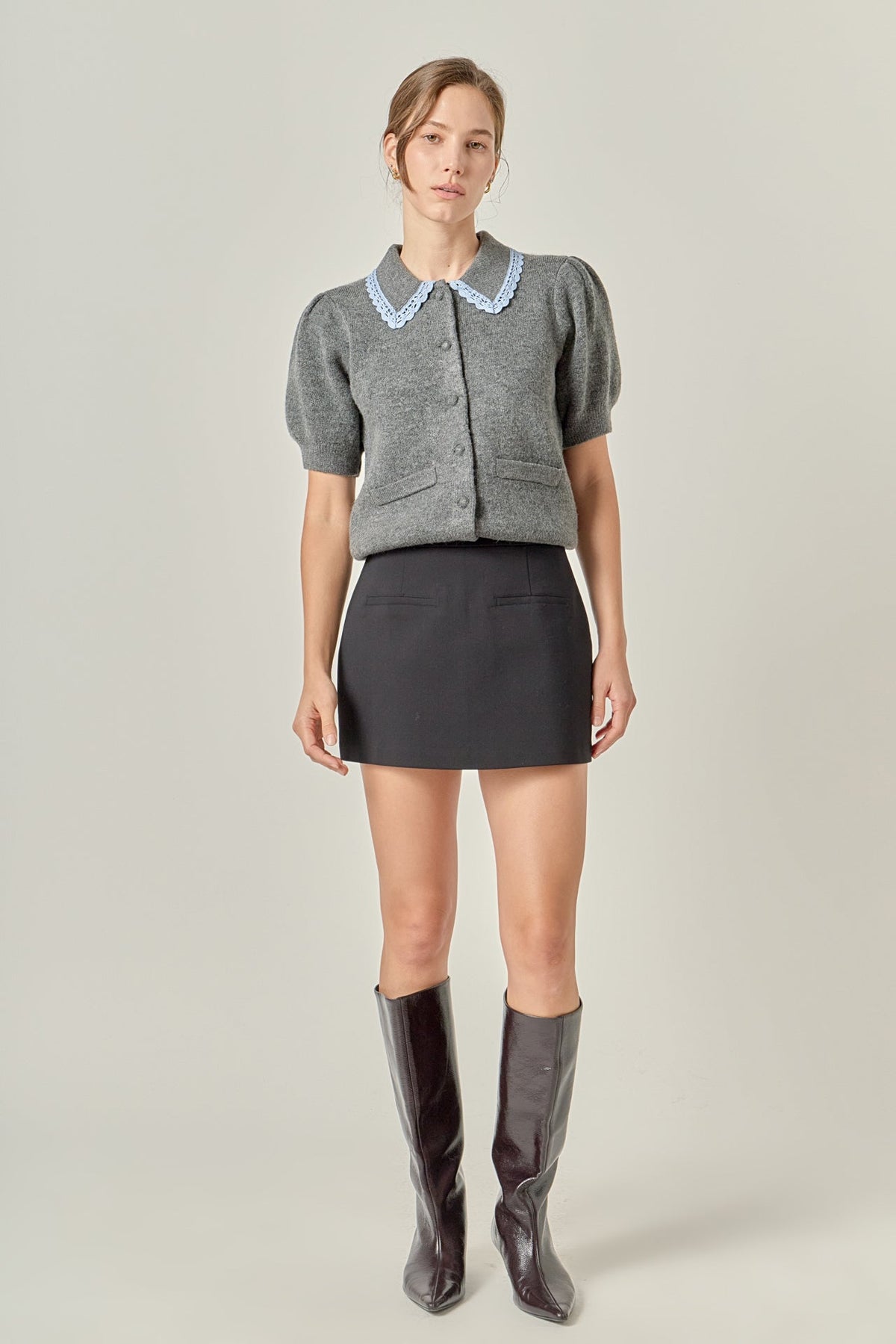 ENGLISH FACTORY - Lace Trimmed Puff Sleeve Knit Cardigan - TOPS available at Objectrare