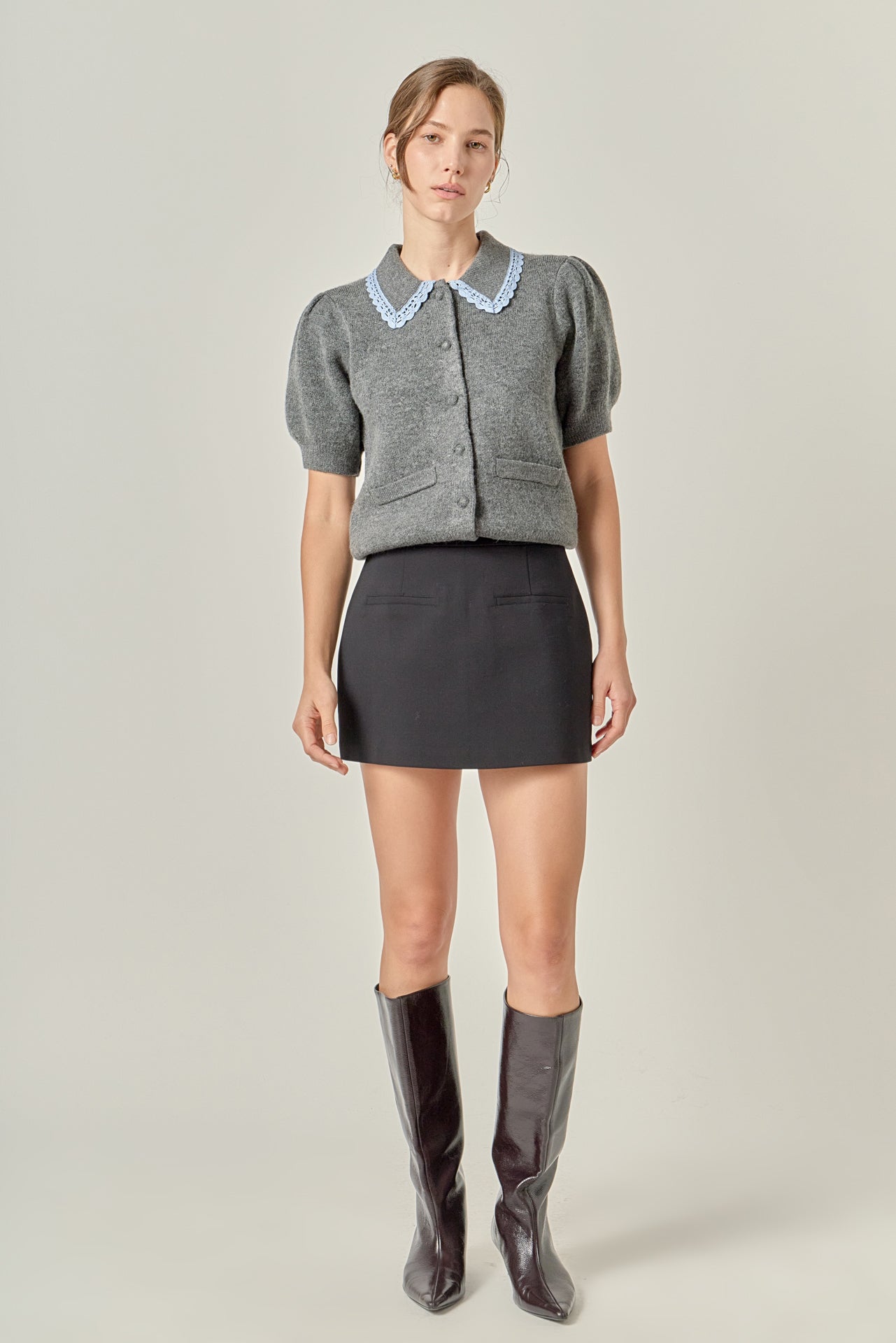ENGLISH FACTORY - Lace Trimmed Puff Sleeve Knit Cardigan - TOPS available at Objectrare