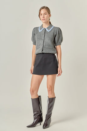 ENGLISH FACTORY - Lace Trimmed Puff Sleeve Knit Cardigan - TOPS available at Objectrare