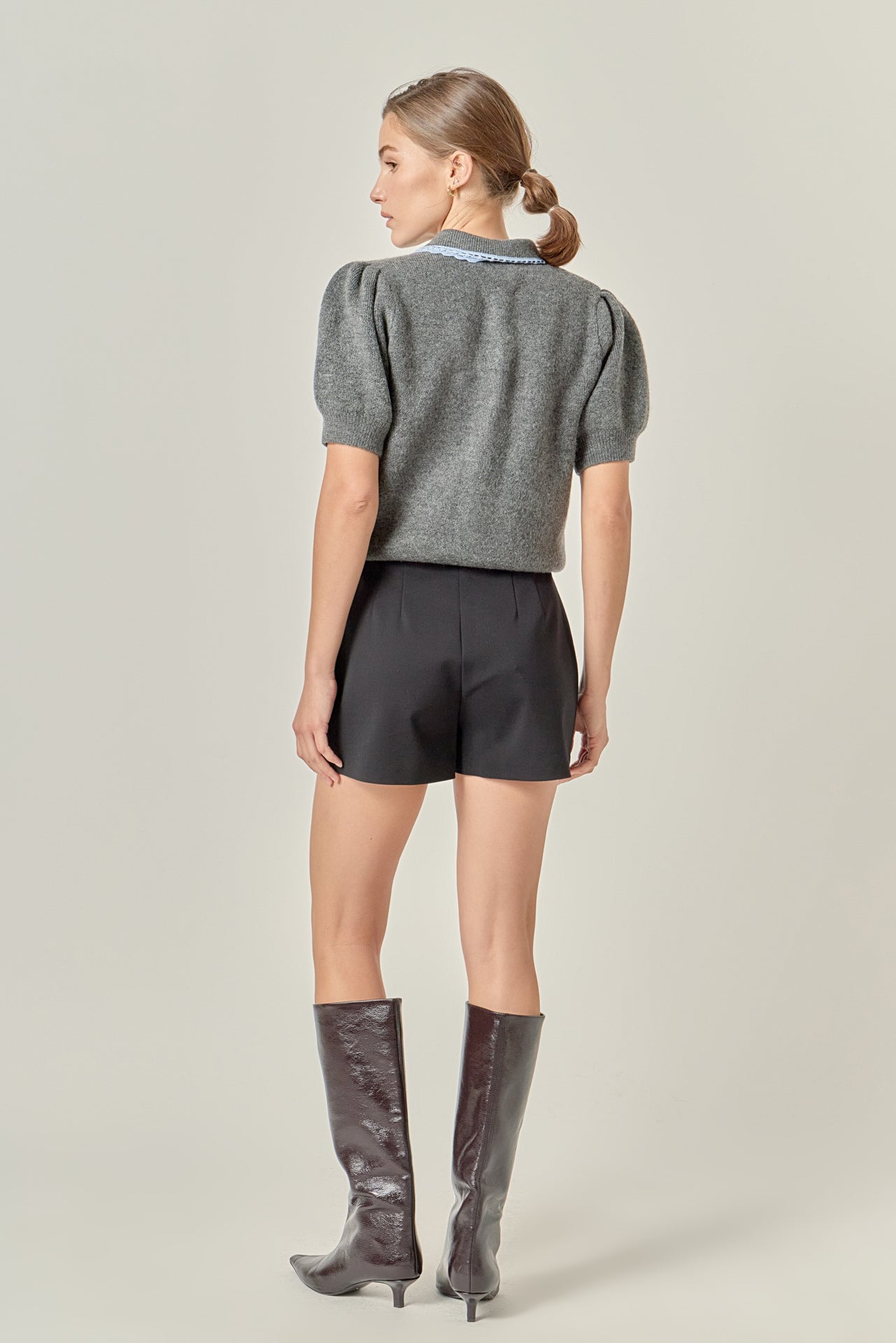 ENGLISH FACTORY - Lace Trimmed Puff Sleeve Knit Cardigan - TOPS available at Objectrare