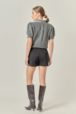 ENGLISH FACTORY - Lace Trimmed Puff Sleeve Knit Cardigan - TOPS available at Objectrare