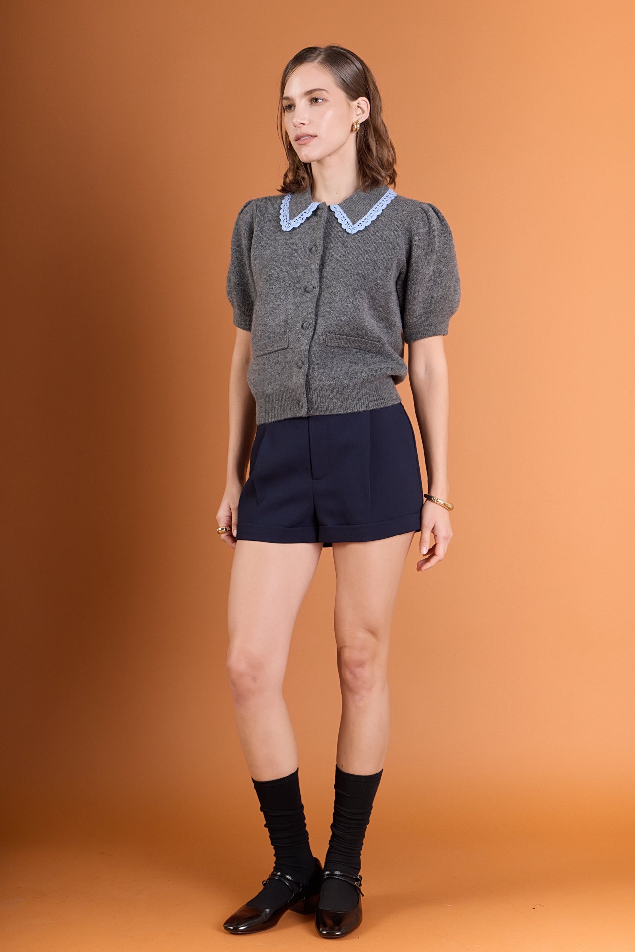 ENGLISH FACTORY - Lace Trimmed Puff Sleeve Knit Cardigan - TOPS available at Objectrare