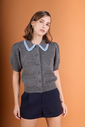 ENGLISH FACTORY - Lace Trimmed Puff Sleeve Knit Cardigan - TOPS available at Objectrare