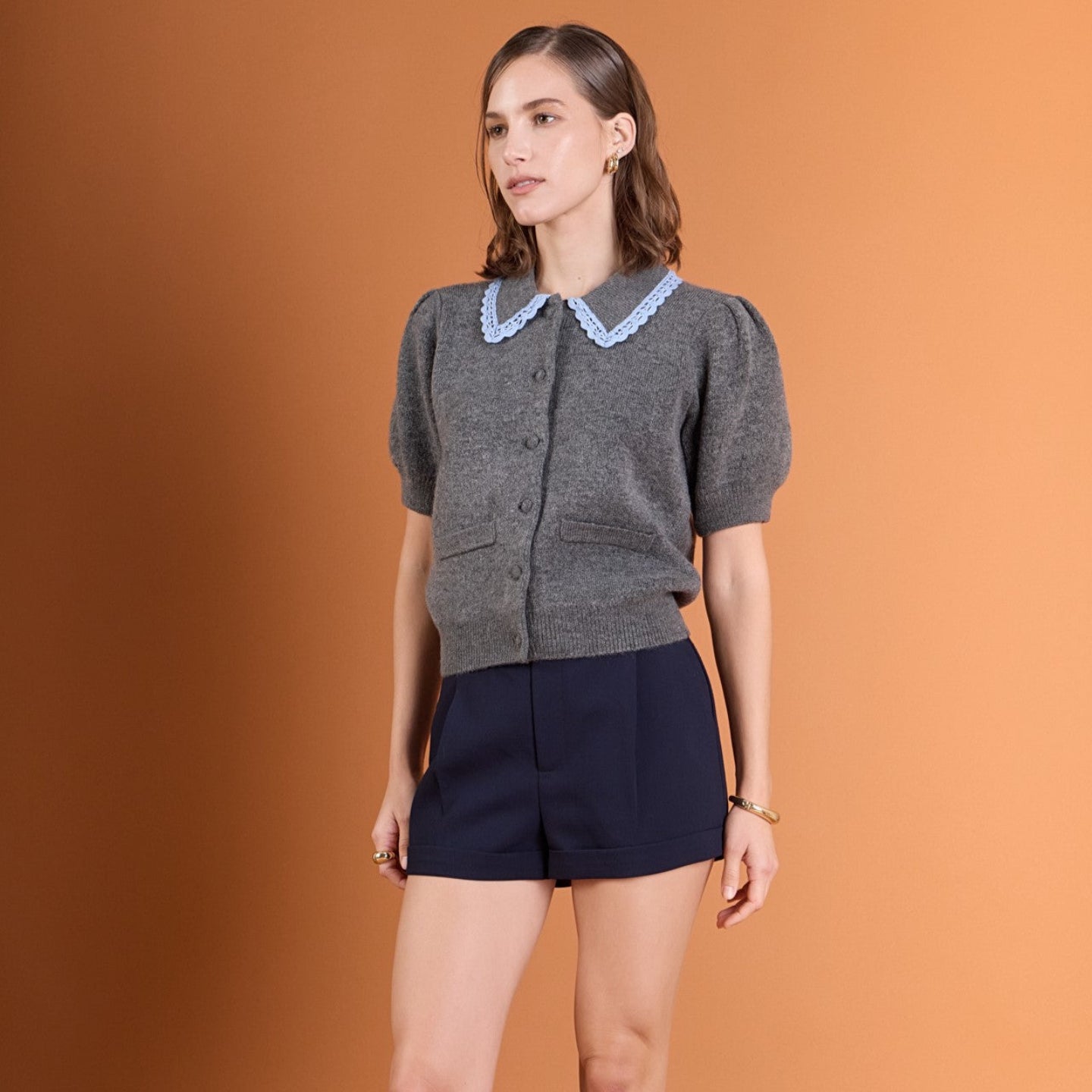 Lace Trimmed Puff Sleeve Knit Cardigan