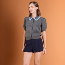 Lace Trimmed Puff Sleeve Knit Cardigan