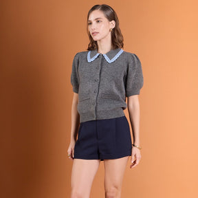 Lace Trimmed Puff Sleeve Knit Cardigan