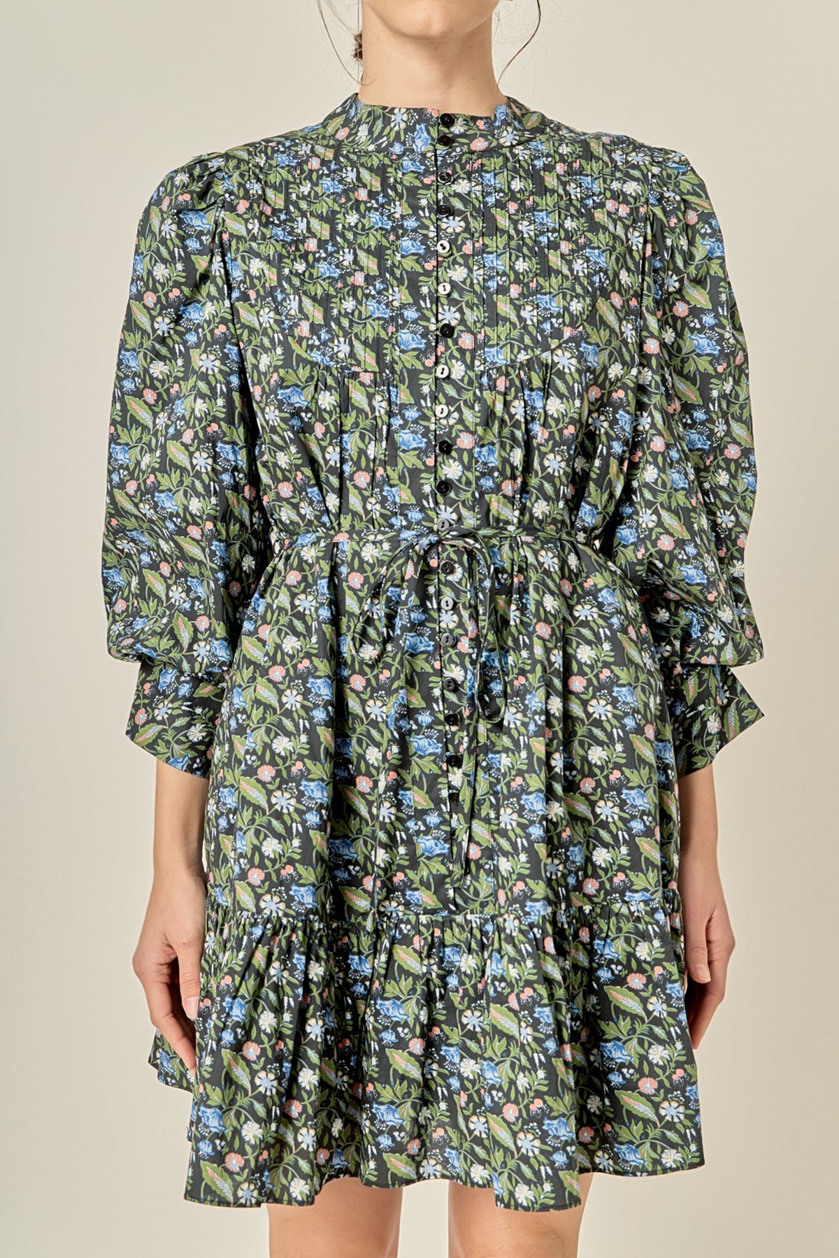 Floral Print Pintuck Smock Mini Dress