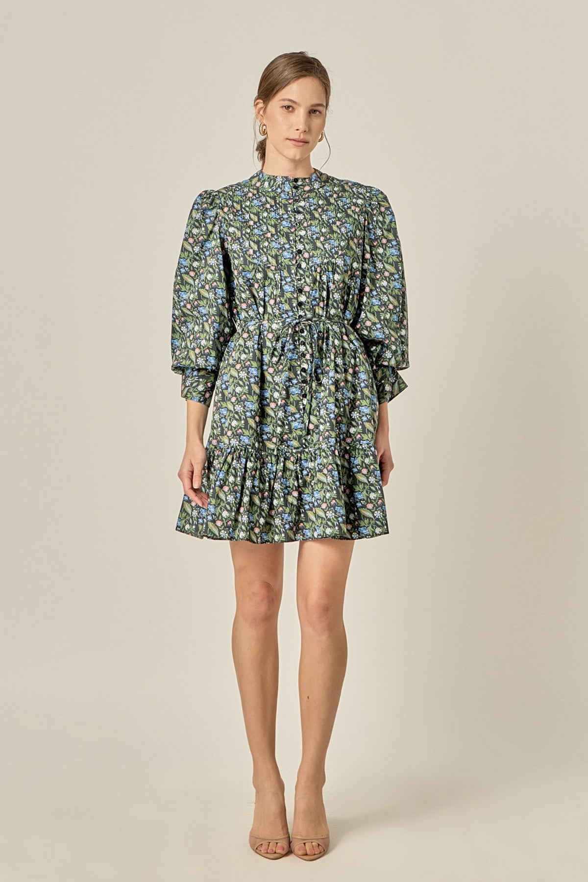 Floral Print Pintuck Smock Mini Dress