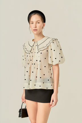 ENGLISH FACTORY - Scalloped Collar Sheer Polka Dot Blouse - TOPS available at Objectrare