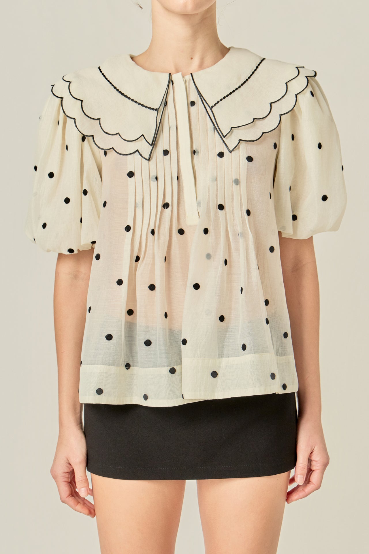 ENGLISH FACTORY - Scalloped Collar Sheer Polka Dot Blouse - TOPS available at Objectrare