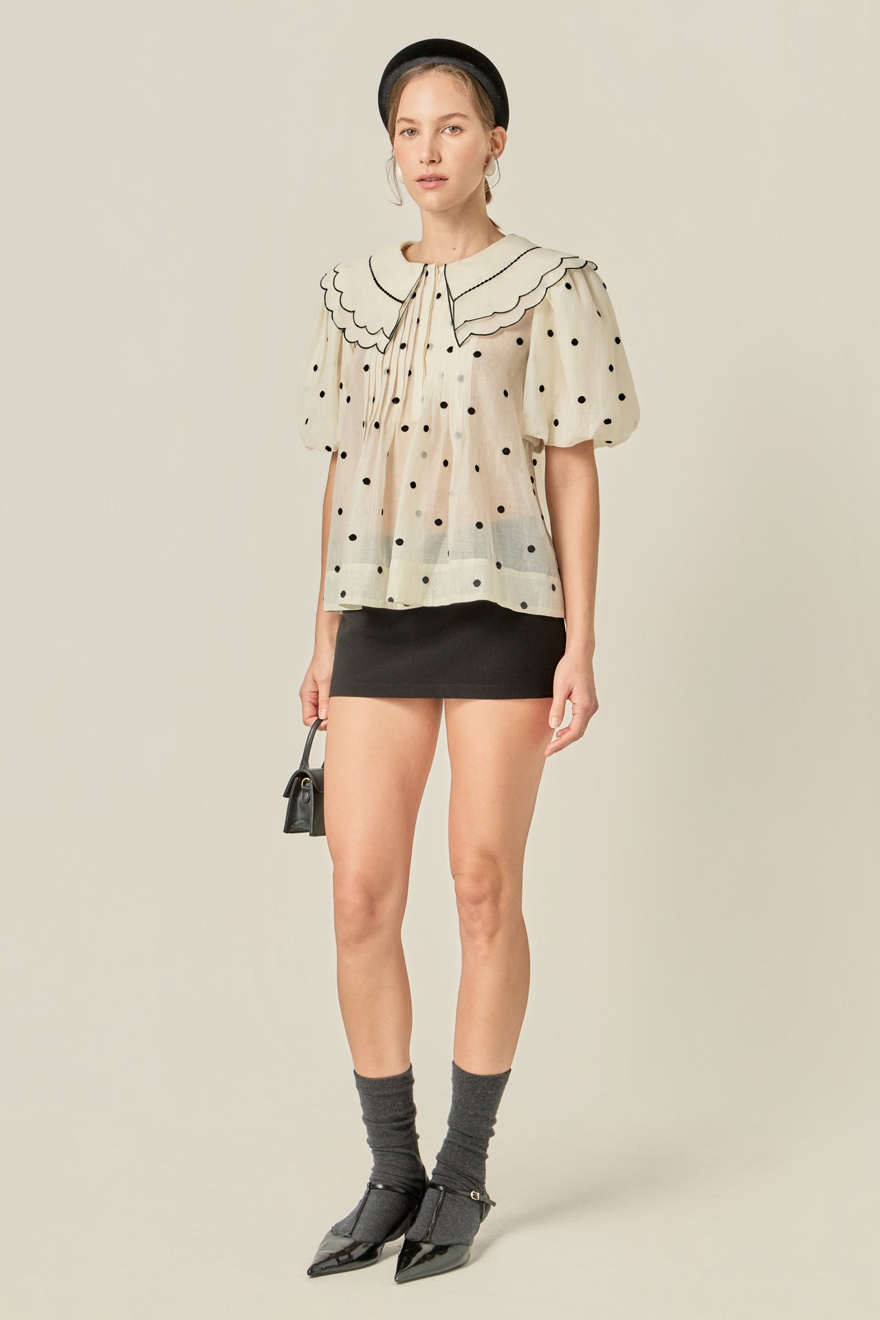 ENGLISH FACTORY - Scalloped Collar Sheer Polka Dot Blouse - TOPS available at Objectrare