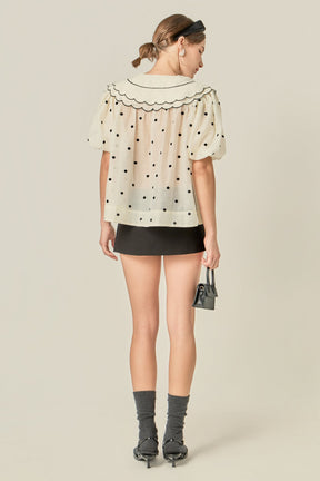 ENGLISH FACTORY - Scalloped Collar Sheer Polka Dot Blouse - TOPS available at Objectrare