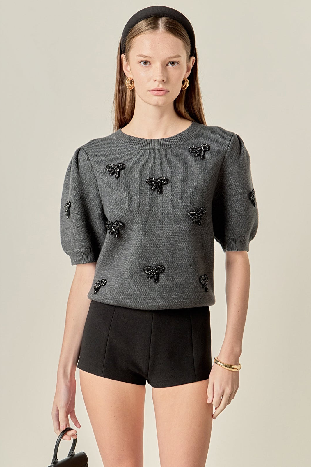 ENGLISH FACTORY - Rhinestone Bow Puff Sleeve Knit Top - TOPS available at Objectrare