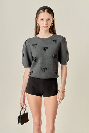 ENGLISH FACTORY - Rhinestone Bow Puff Sleeve Knit Top - TOPS available at Objectrare