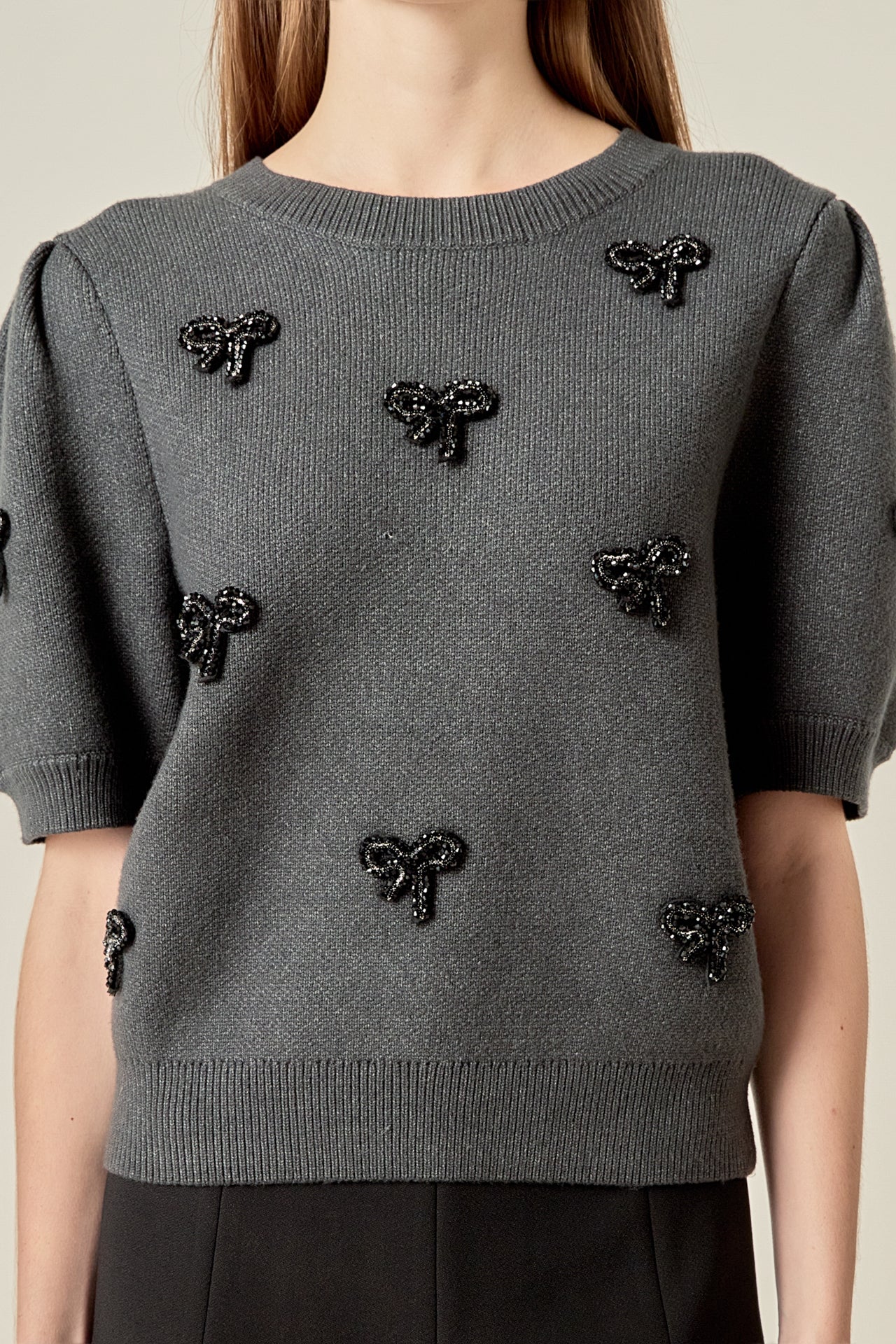 ENGLISH FACTORY - Rhinestone Bow Puff Sleeve Knit Top - TOPS available at Objectrare