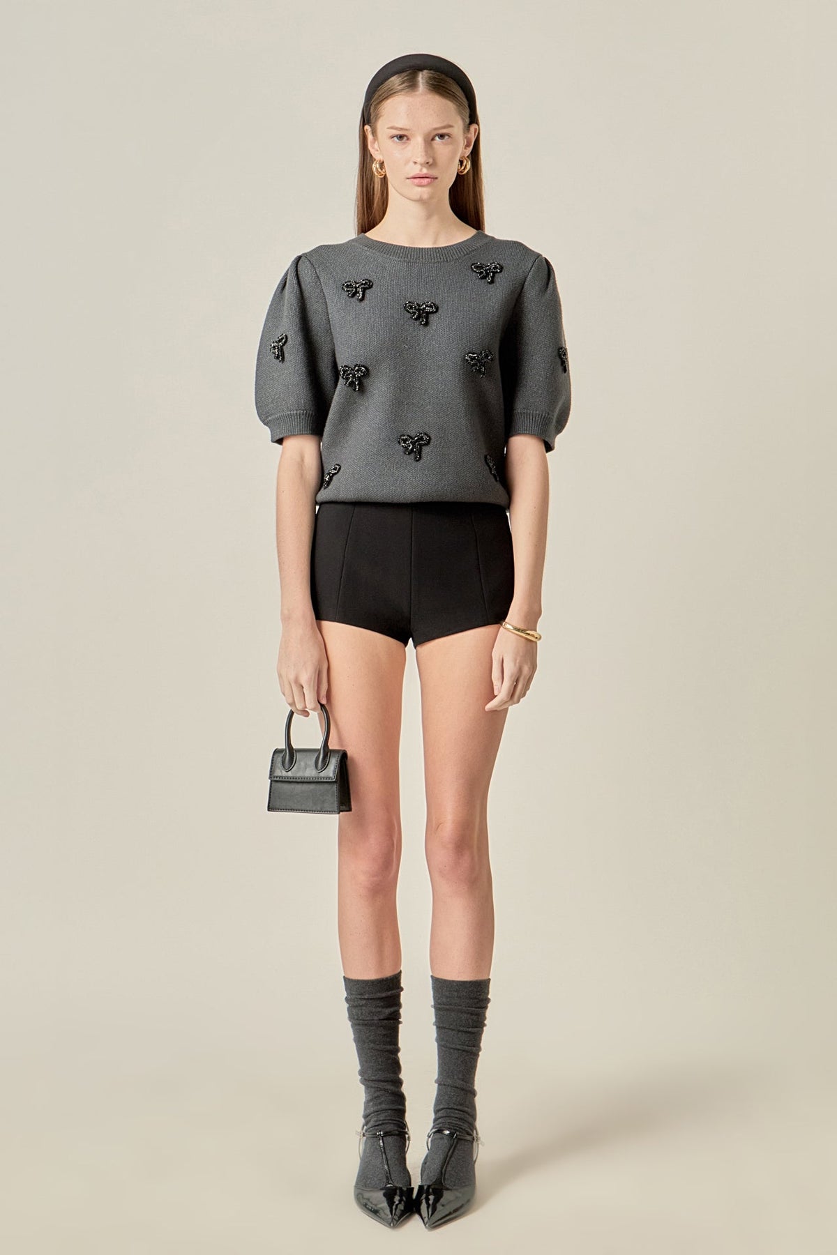 Rhinestone Bow Puff Sleeve Knit Top