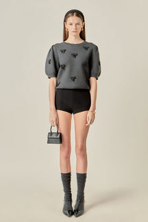 Rhinestone Bow Puff Sleeve Knit Top