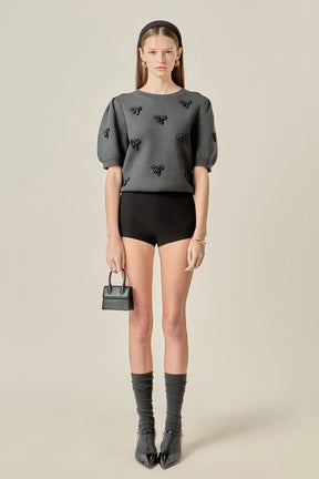 Rhinestone Bow Puff Sleeve Knit Top