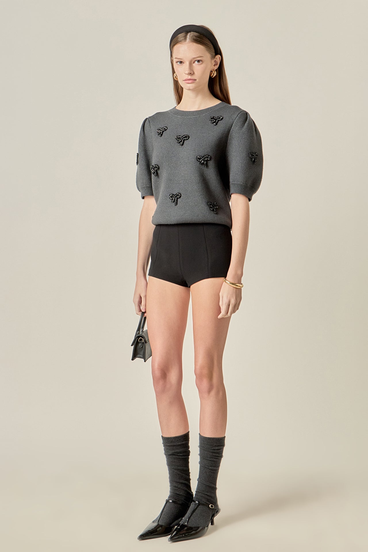 ENGLISH FACTORY - Rhinestone Bow Puff Sleeve Knit Top - TOPS available at Objectrare