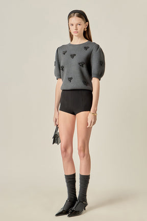 Rhinestone Bow Puff Sleeve Knit Top