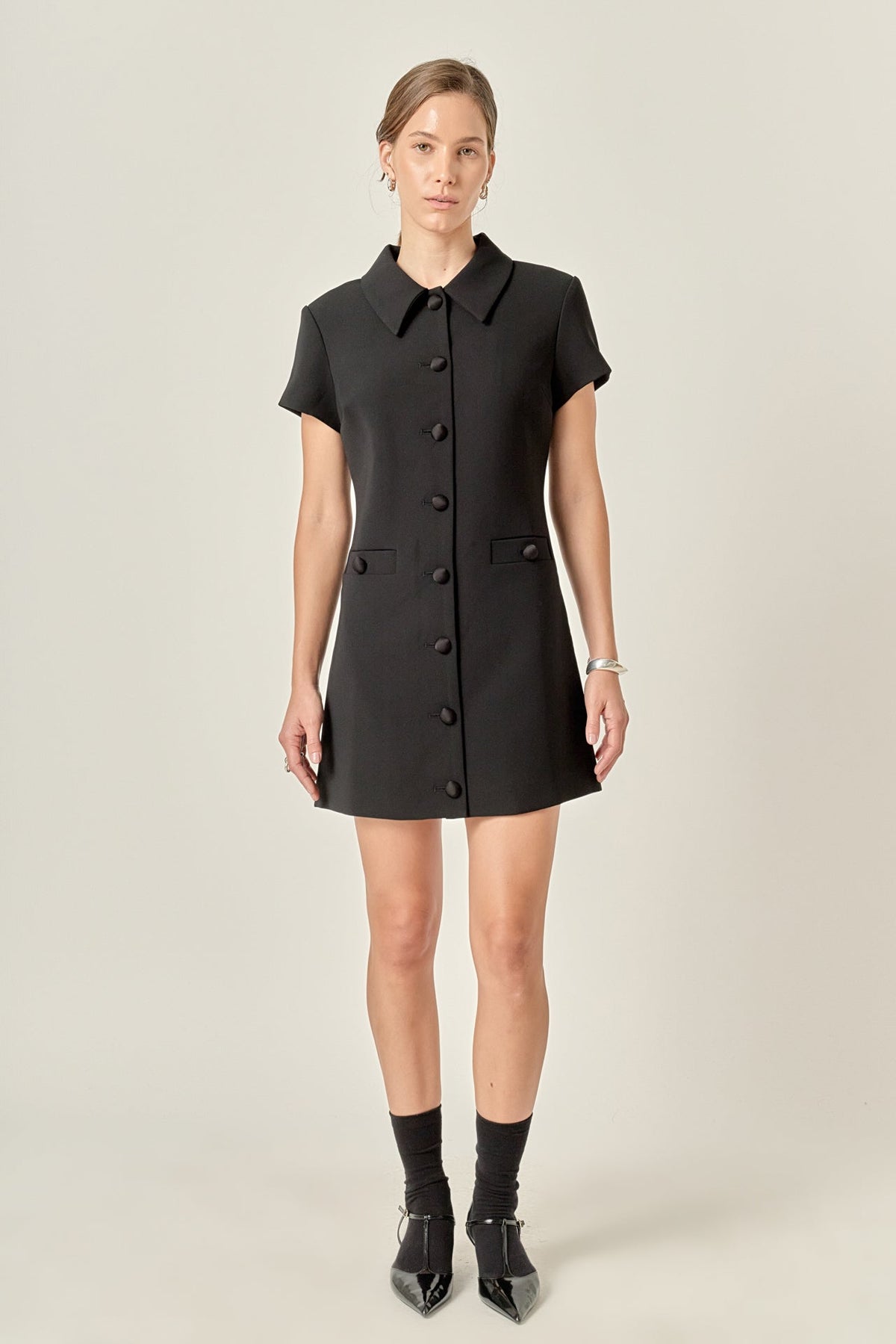Velvet Button Collar Mini Dress