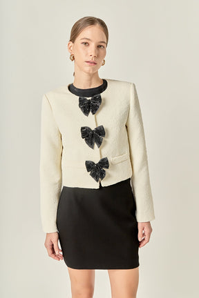 ENGLISH FACTORY - Textured Bead Bow Detailed Jacket - JACKETS available at Objectrare