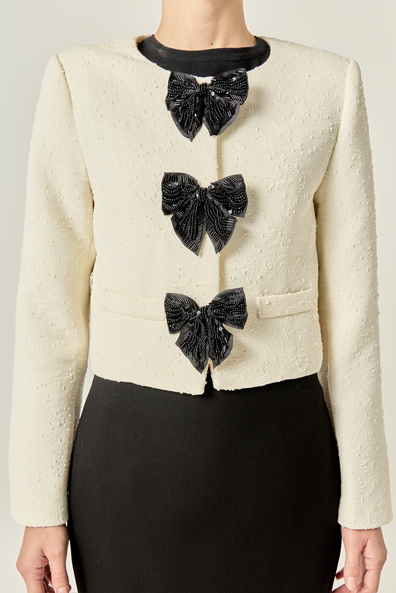 ENGLISH FACTORY - Textured Bead Bow Detailed Jacket - JACKETS available at Objectrare
