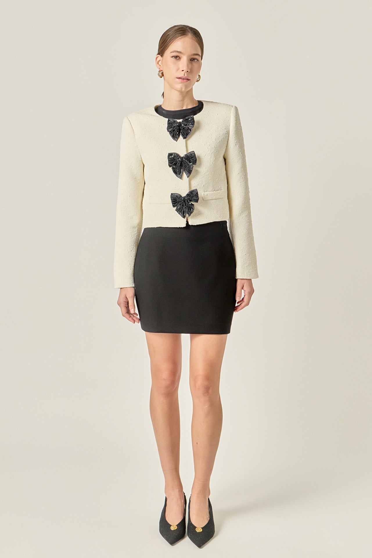 ENGLISH FACTORY - Textured Bead Bow Detailed Jacket - JACKETS available at Objectrare