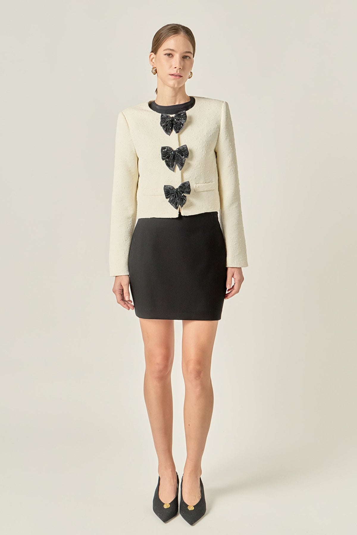 ENGLISH FACTORY - Textured Bead Bow Detailed Jacket - JACKETS available at Objectrare