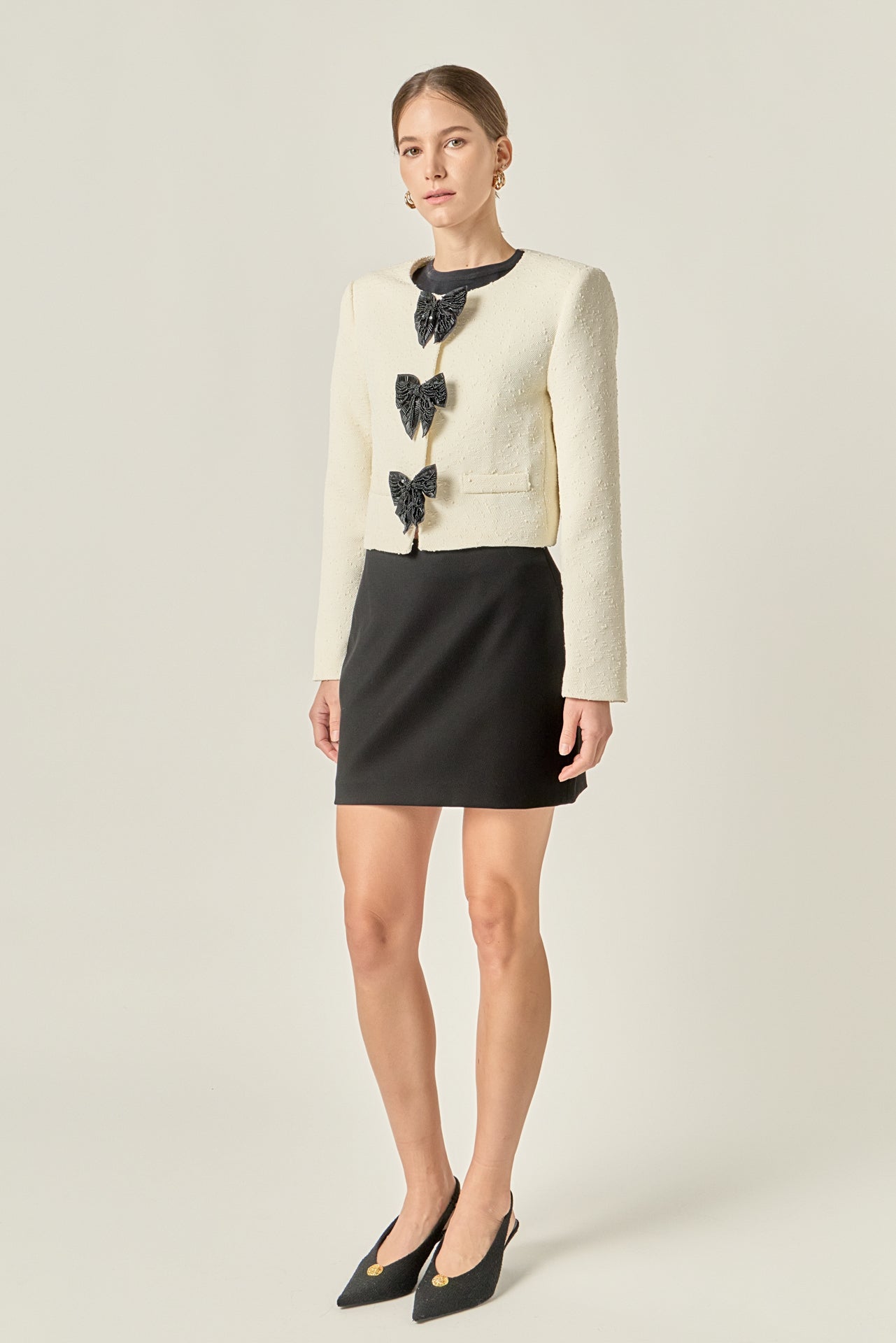 ENGLISH FACTORY - Textured Bead Bow Detailed Jacket - JACKETS available at Objectrare