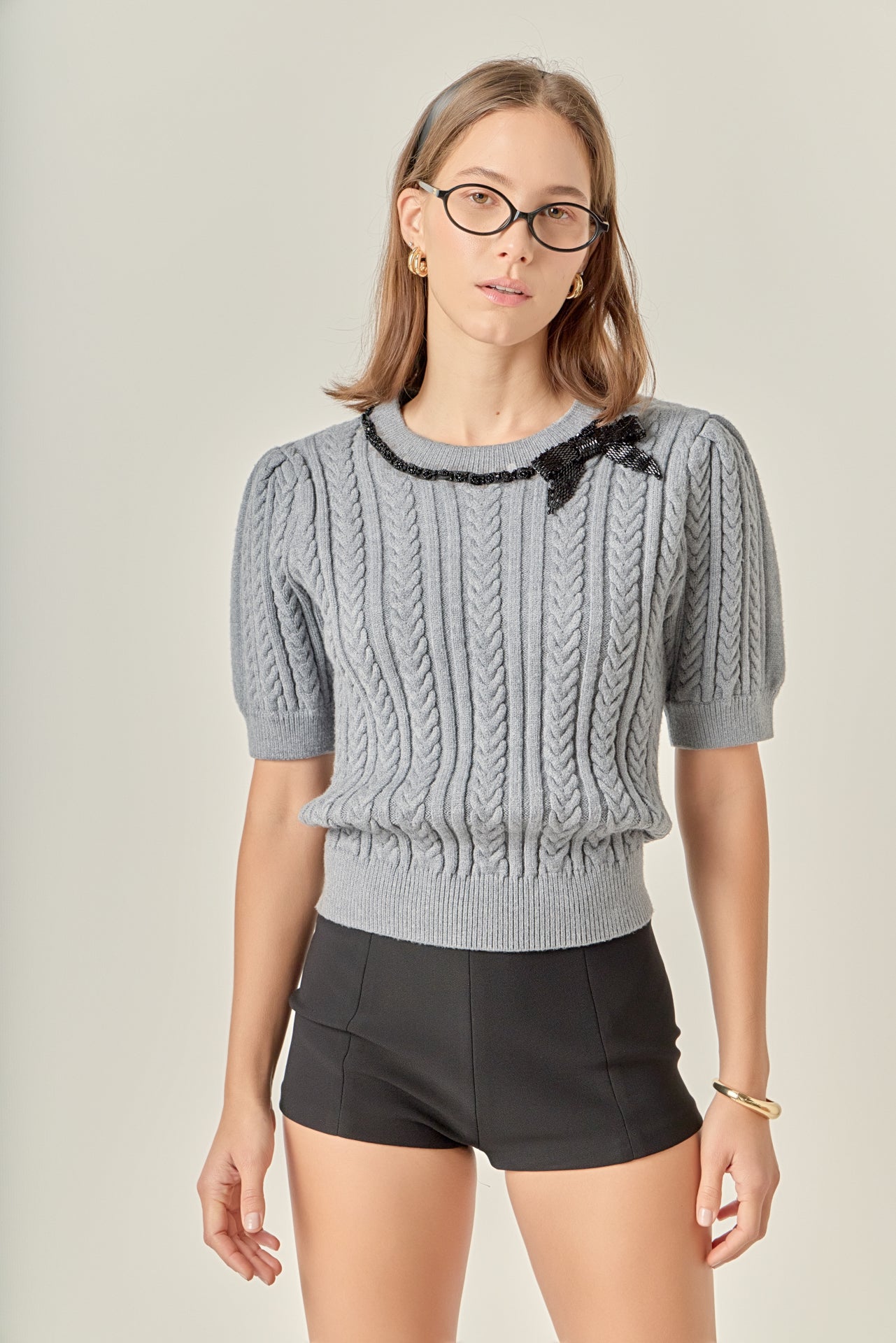 Big Bow Puff Sleeve Knit Top
