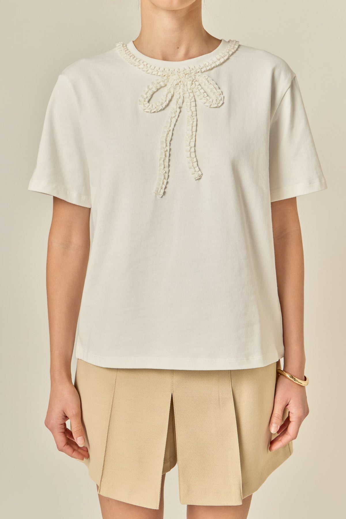 ENGLISH FACTORY - Pearl-Embellished Bow T-Shirt - TOPS available at Objectrare