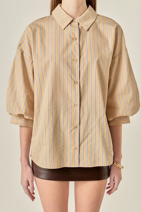 ENGLISH FACTORY - Poplin Striped Balloon Sleeve Shirt - TOPS available at Objectrare